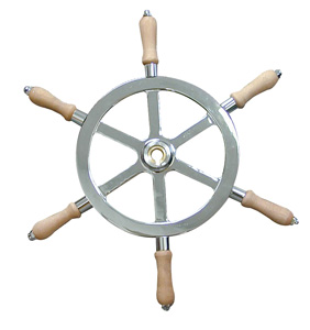 STEERING WHEEL 18" STAINLESS WITH TEAK HANDLES 3/4" TAPERED BORE